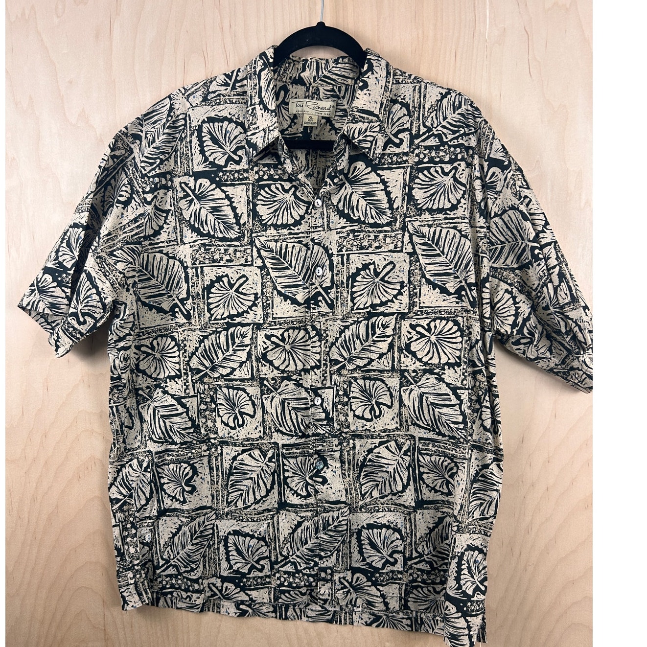Tori Richard Mens Xl Aloha Shirt Cotton Lawn Leaf Block Print Black Cream Blue
